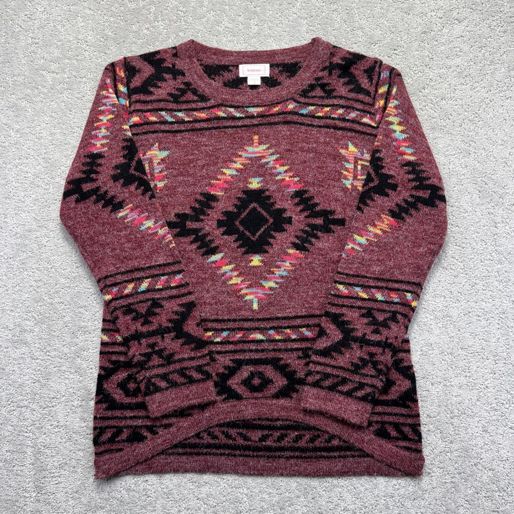 Kamana Sweater Womens Small Red Black Southwestern Aztec Print Crewneck Marled